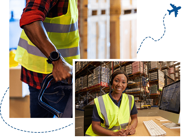 Woman with headset in a warehouse office looks to camera